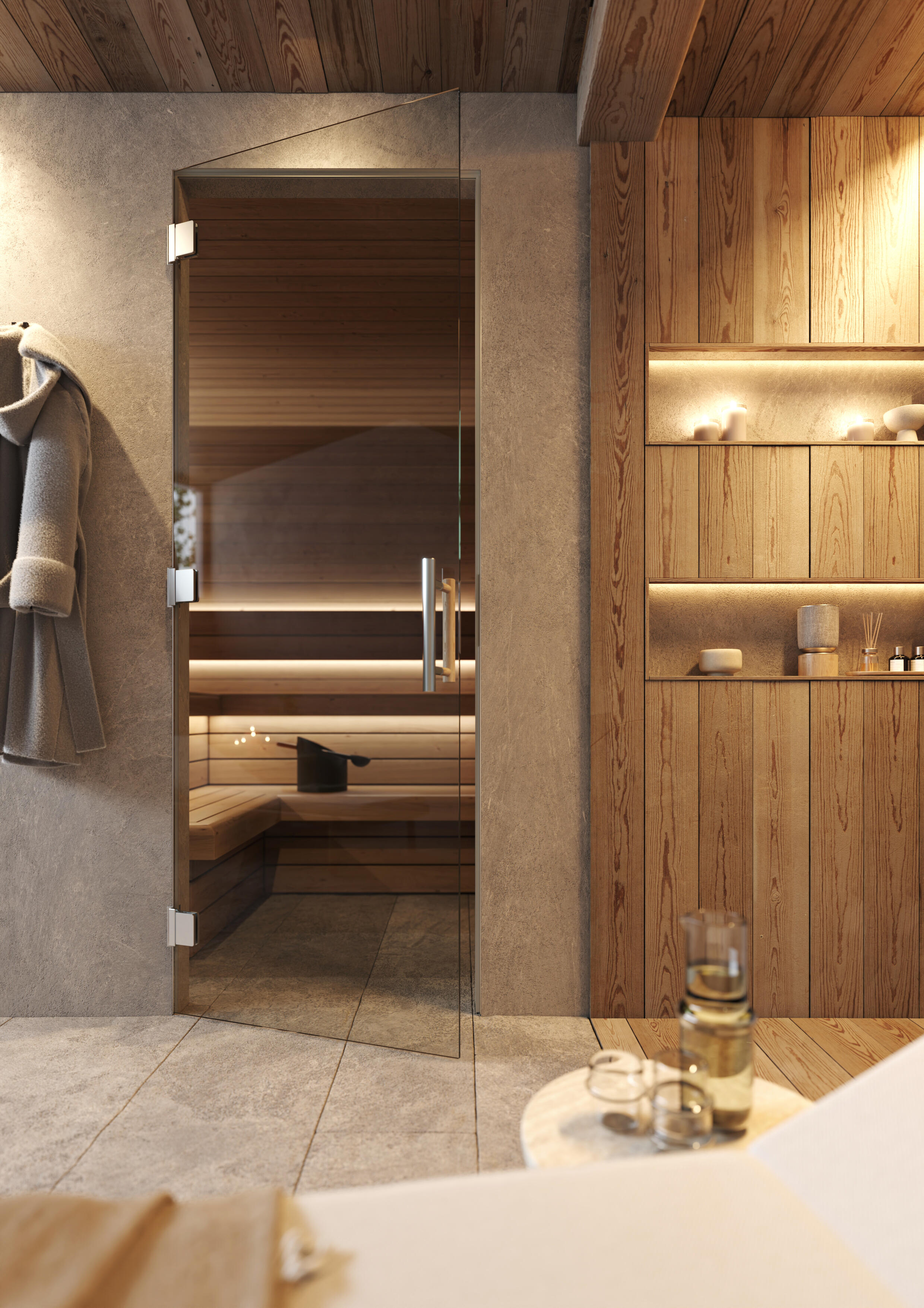 Aktive Glass so sklenenými dverami zabudovanými do sauny